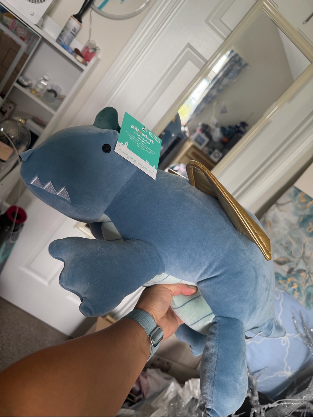 Brand new NWT Pillowfort Blue Dragon with gold wings Weighted Plush!